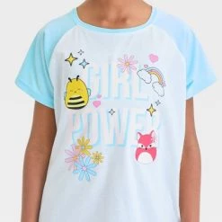 Squishmallows Girls' Squishmallow 'Girl Power' Short Sleeve Graphic T-Shirt - Light Blue/White